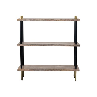 Black Mango Wood and Metal 3-Tier Shelf with Brass Finish Legs