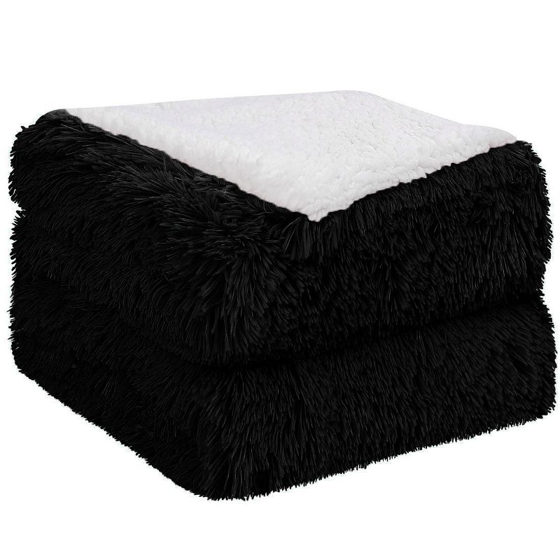 PiccoCasa Shaggy Faux Fur Warm Reversible Solid Plush Fluffy Fleece Blankets, 1 of 6