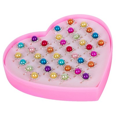 ArtCreativity Adjustable Little Girls Rings - 36pc Set,Valentine's Day Heart Box
