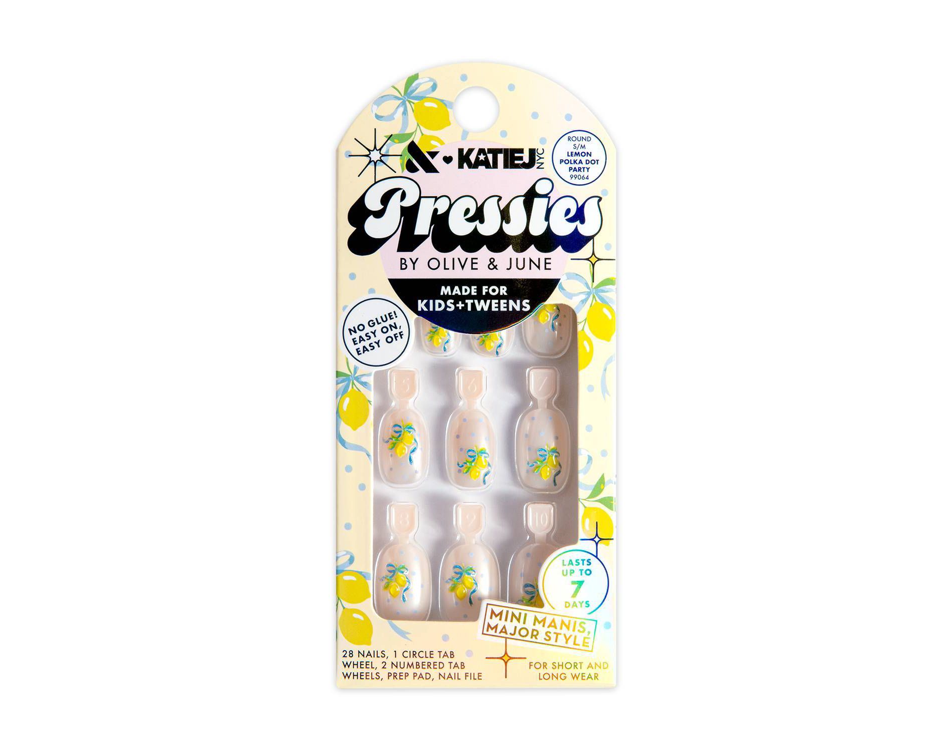 Olive & June Pressies Fake Nails - Katie J - S/M Round - Lemon Polka Dot Party