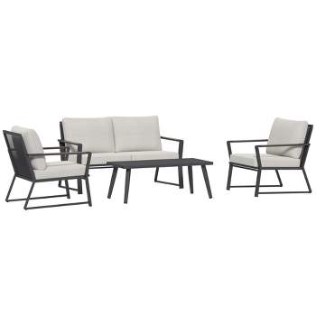Outsunny 4 Piece Patio Furniture Set, Aluminum Conversation Set, Outdoor Garden Sofa Set with Armchairs, Loveseat, Center Coffee Table and Cushions