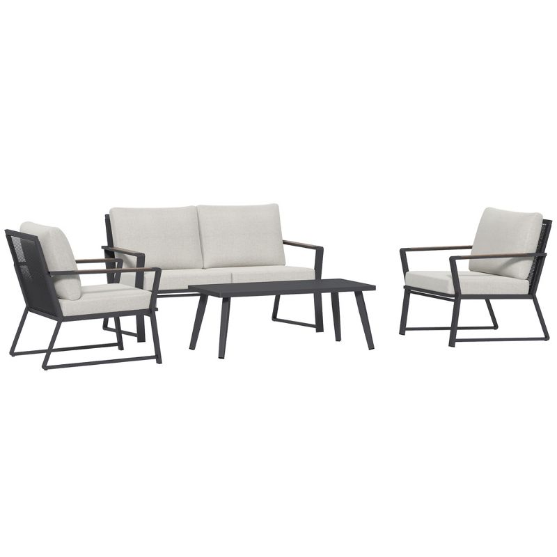 Outsunny 4 Piece Patio Furniture Set, Aluminum Conversation Set, Outdoor Garden Sofa Set with Armchairs, Loveseat, Center Coffee Table and Cushions, 1 of 7