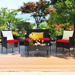 Costway 4PCS Rattan Patio Furniture Set Cushioned Sofa Chair Coffee Table Red - 1 of 4