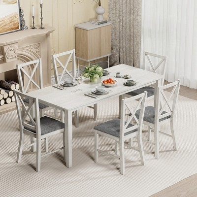 VECELO Farmhouse Style Dining Table Set, Rubber Wood Table and Upholstered Dining Chairs, Gray