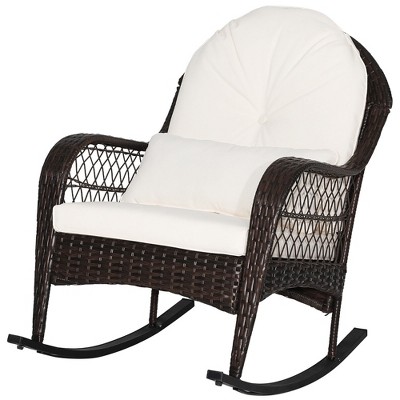 Tangkula Patio Wicker Rocking Chair w/ White Seat Cushions & Lumbar Pillow Porch
