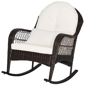 Tangkula Patio Wicker Rocking Chair w/ White Seat Cushions & Lumbar Pillow Porch - 1 of 4
