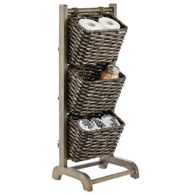 mDesign Water Hyacinth 3-Tiered Storage Baskets Floor Stand - Black/Black Wash