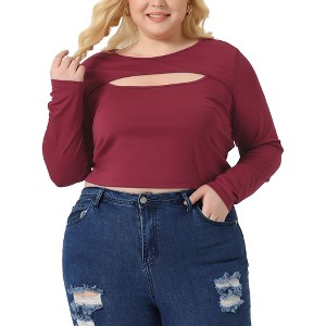 Agnes Orinda Women's Plus Size Long Sleeve Round Neck Cut Out Front Regular Fit Blouses - 1 of 4