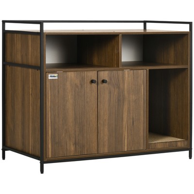 Brown Wood and Metal Freestanding Cat Litter Box Enclosure