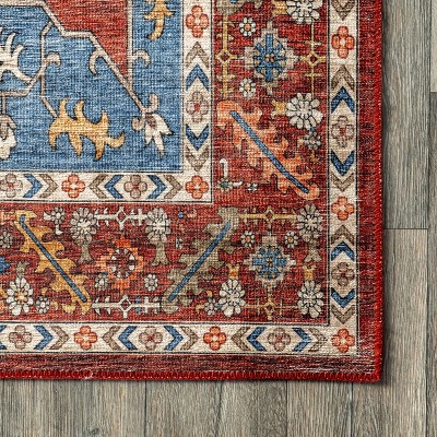 Hera Blue and Red Medallion Washable Synthetic Area Rug