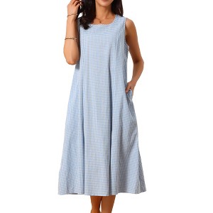 INSPIRE CHIC Women's Summer Plaid Sleeveless Square Neck Babydoll Casual with Pockets Midi Dress - 1 of 4