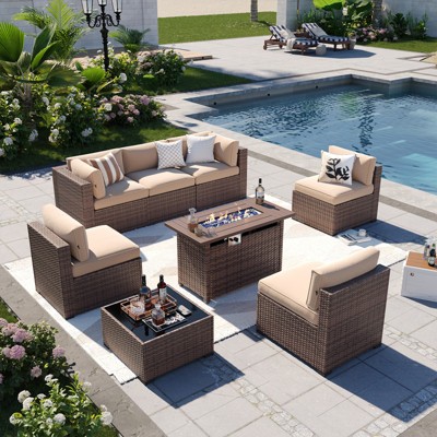 Aoxun 7-Piece Patio Set with 44" Fire Pit Table, Wicker Rattan Sectional Sofa, Coffee Table & Thick Cushions, Beige, Waterproof Cover Included