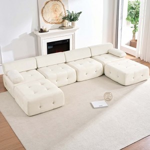 Mjkone U-Shaped Velvet Modular Sectional Sofa With free Combination Ottoman,Convertible 4-Seater Sofa with Rivet Trim - 1 of 4