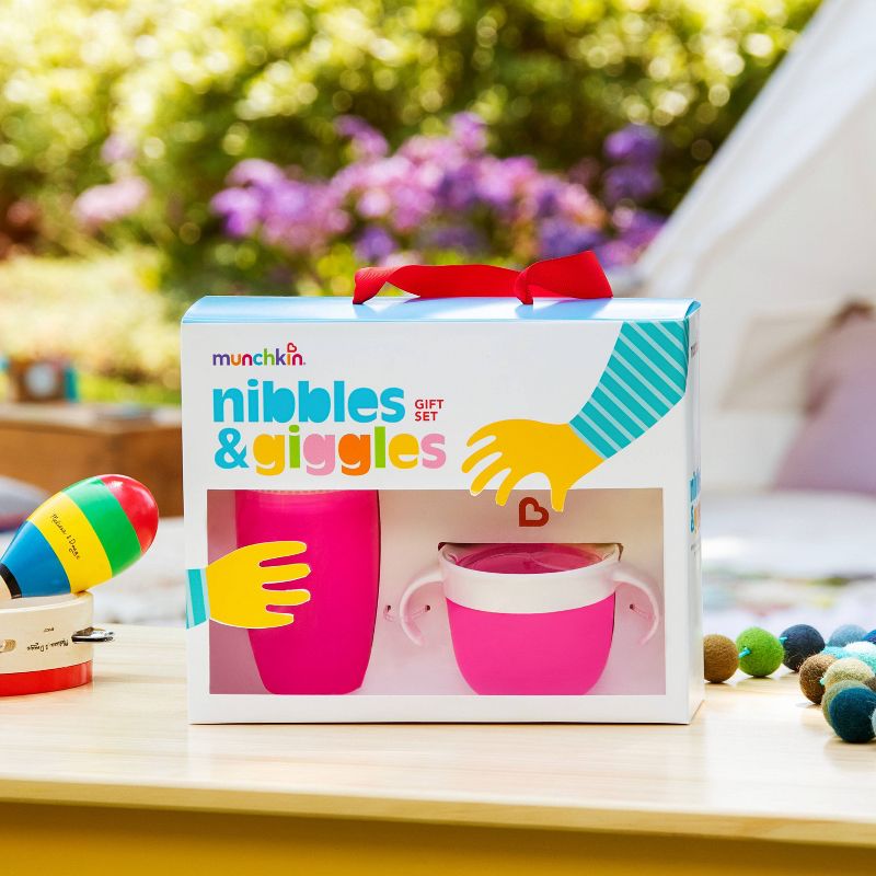 Munchkin Nibbles &#38; Giggles Toddler Miracle Cup And Snack Catcher Feeding Gift Set - Pink - 10oz, 3 of 8