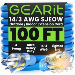 GEARit 14/3 Outdoor Extension Cord 100 Feet - SJEOW - Extreme Weather Resistant - 14 Gauge 3 Prong, Blue - 1 of 4