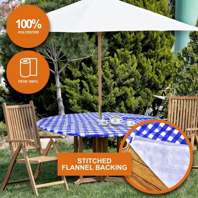 Blue Checkered Vinyl Round Fitted Tablecloth with Umbrella Hole