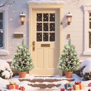 29.5'' Pencil Artificial Christmas Tree, Flocked Christmas Tree with Ground Stake, Xmas Trees Porch Decoration for Holiday Party Decor - 1 of 4
