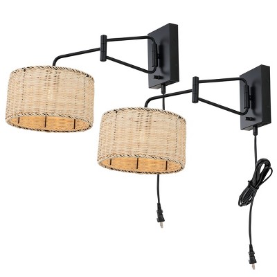 Black Iron Wall Sconce with Natural Rattan Shade, Set of 2