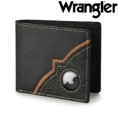 Wrangler Men’s Bifold Slim RFID Blocking Wallet, Genuine Leather, Casual Everyday 11-22 Card Capacity with AirTag Holder Window, Gift Ideas for Him