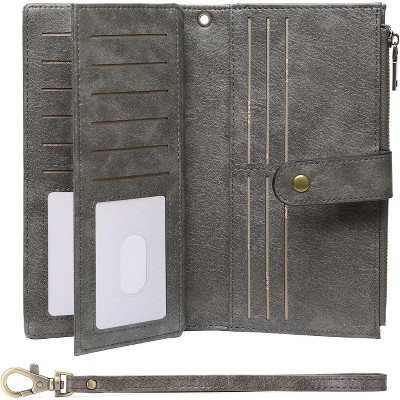 Ladies' Large Capacity Credit Card Wallet with RFID Theft Protection Double-Zip Pocket Genuine Leather Bifold Wallet Wristlet Clutch Bag