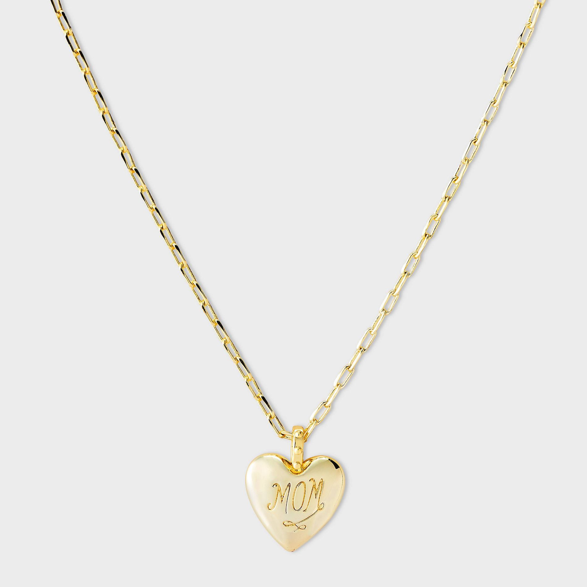 14k Gold Dipped "Mom" Puffed Heart Paperclip Chain Pendant Necklace - A New Day™ Gold
