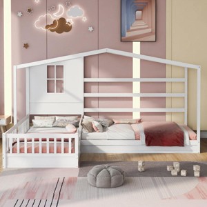 Streamdale Wood House Bed Twin Size, 2 Twin Solid Bed L structure with fence and slatted frame, White - 1 of 4