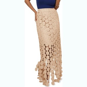 Women's Summer Boho Skirt: High Waisted Long Maxi Skirt with Elegant Hollow Out and Fringe Hem Khaki - 1 of 4