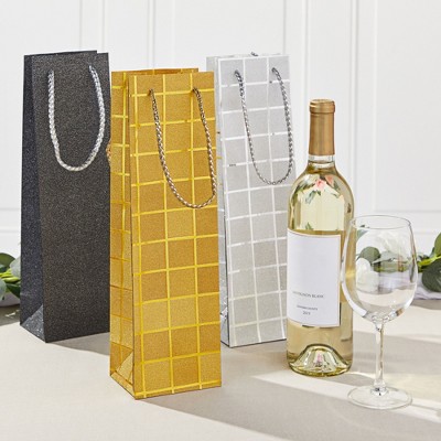 Foiled Glitter Wine Bottle Gift Bags with Rope Handles, 6 Pack