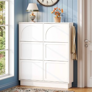 MAYEERTY Modern Elegant Narrow Tipping Bucket Shoe Cabinet, 6 Flip Drawers Adjustable Shelf 3 Silvery Hooks, White - 1 of 4