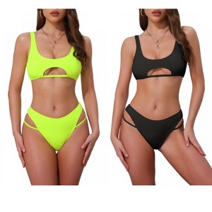 INSPIRE CHIC Women's Ribbed Scoop Neck Top Triangle Bottom Swimwear Bikini Suits 2 Sets - 1 of 4