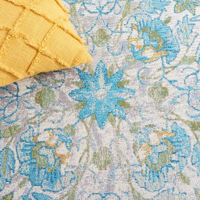 Ivory and Light Blue Synthetic Square Indoor/Outdoor Area Rug