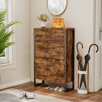 VYNXARIA Slim Shoe Cabinet with 2 Flip Drawers &1 Drawer, Narrow Wall Hidden Shoe Cabinet,Rustic Brown