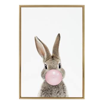 Kate and Laurel Sylvie Bubble Gum Bunny Framed Canvas by Amy Peterson Art Studio, 23x33, Bright Gold
