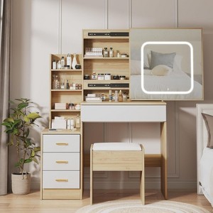 Vanity Desk with Sliding Mirror and Lights, Makeup Vanity Set with Drawers, Stool, Open Shelves, 3 Color Lighting Modes, Brightness Adjustable - 1 of 4