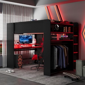 Polibi Full Size Gaming Loft Bed with RGB Light Strip, USB Charging and Storage Space - 1 of 4