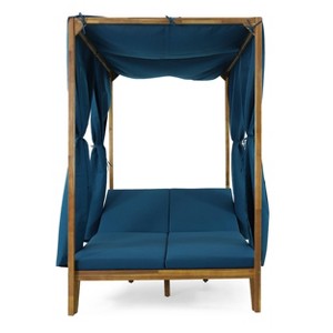 Kinzie Outdoor 2 Seater Adjustable Acacia Wood Daybed with Curtains - Teak/Blue - Christopher Knight Home: Patio Furniture, UV & Water-Resistant - 1 of 4