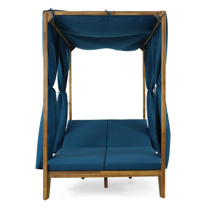Kinzie Outdoor 2 Seater Adjustable Acacia Wood Daybed with Curtains - Teak/Blue - Christopher Knight Home, 1 of 10