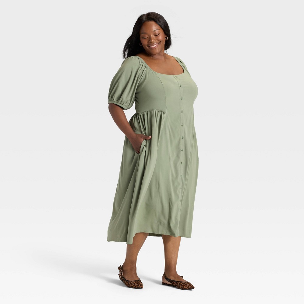 Women's Balloon Short Sleeve Midi Button-Up Dress - Ava & Viv™ Olive Green XXL