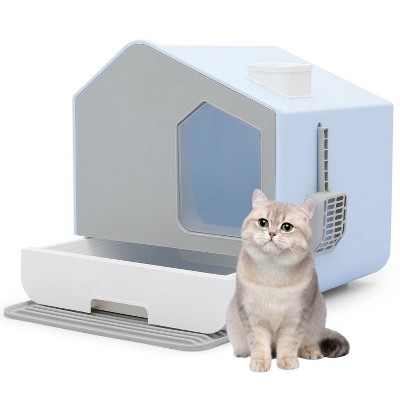 LunaLulinlk Blue closed large litter box with drawer tray and litter mat