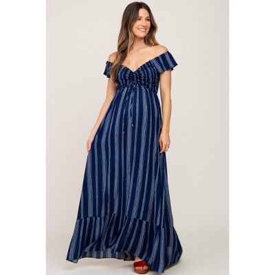 PinkBlush Navy Blue Striped Off Shoulder Front Tie Maternity Maxi Dress