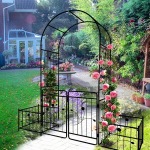 Lorna 79.5''x86.6''Arch Metal Garden Trelli, Flower Support Tiered Planters for Climbing Plants with Gate, Outdoor Furniture - The Pop Home - 1 of 4