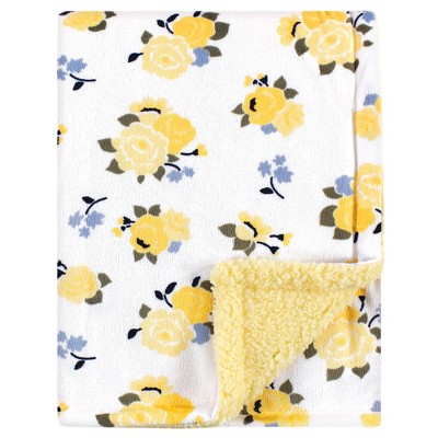 Luvable Friends Baby Girl Plush Blanket with Sherpa Back, Yellow Floral, One Size