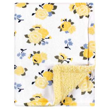 Luvable Friends Baby Girl Plush Blanket with Faux Shearling Back, Yellow Floral, One Size