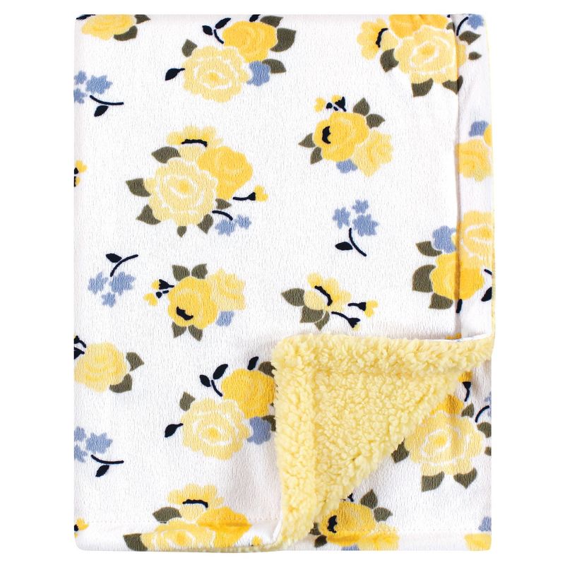 Luvable Friends Baby Girl Plush Blanket with Faux Shearling Back, Yellow Floral, One Size, 1 of 3