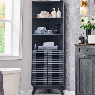 SinCiDo Medieval 68" H Corner Bathroom Cabinet, w/ 3 Adjustable Shelves,Slat Hinged Doors, Curved Edges,Suitable for Kitchens,Living Rooms, Dark Grey