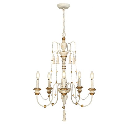 LNC Andromeda 5-Light 21.5" French Country/Cottage Candle Tiered Medium Chandelier,Distressed White Wood and Antique Gold