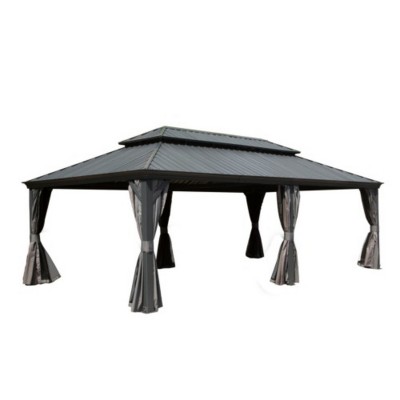 14 x 24 FT Hardtop Outdoor Gazebo with Curtains, Double Roof Garden Pavilion, Sturdy Aluminum Frame Gazebo for Patio or Garden-Maison Boucle