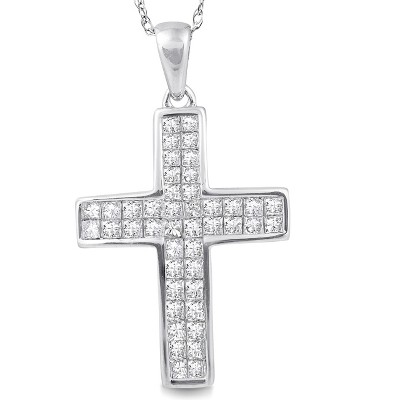 Pompeii3 1 Ct Princess Cut Diamond Cross Pendant 10k White Gold & 18" Chain 1" Tall