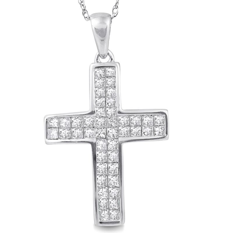 Pompeii3 1 Ct Princess Cut Diamond Cross Pendant 10k White Gold & 18" Chain 1" Tall, 1 of 4