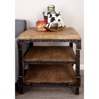 Industrial Brown Fir Wood and Metal 3-Tier Accent Table